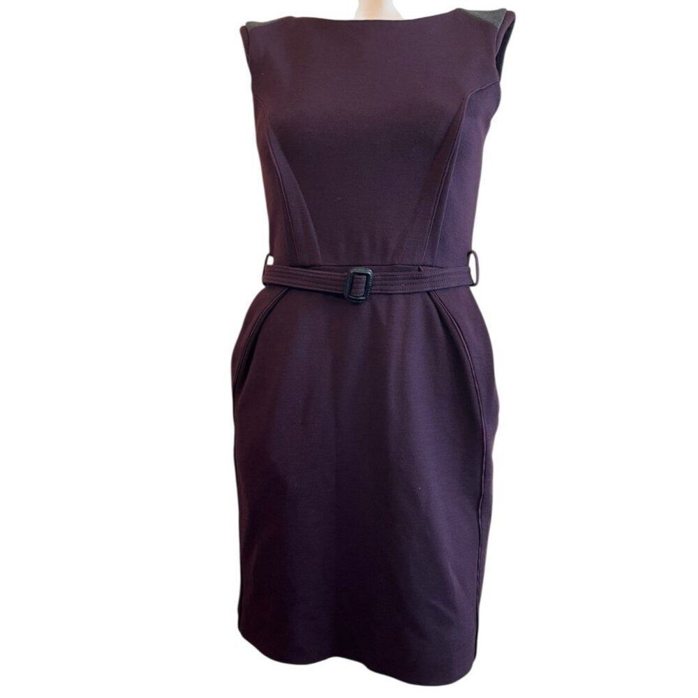 Hanii Y Small 38 Dress Purple Gray Sheath Wool Knee Length Sleeveless Belted Vtg